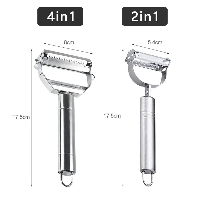 Two metal peelers with measurements on a white background