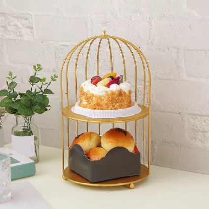 Gold brass Two Tiered Bird Cage for entertaining desserts appetizers cupcakes cake displaying skincare fragrance cosmetics
