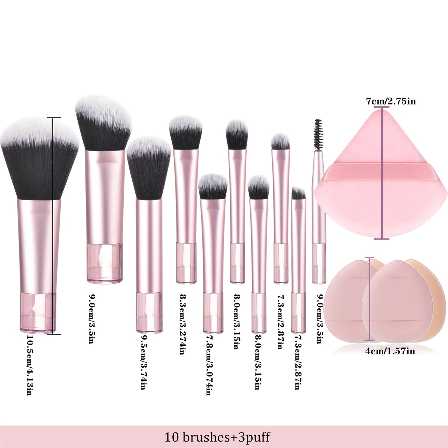 10 piece light pink travel makeup brush set dimensions with triangle puff and 3 cosmetic sponges. Made with synthetic nylon fibers. Great for beginner makeup artists. Comes with blush brush, foundation brush, eyeshadow brush, eyeshadow smudger, eyeshadow detailer brush, angled eyebrow brush, lipstick brush and an eyebrow spoolie.