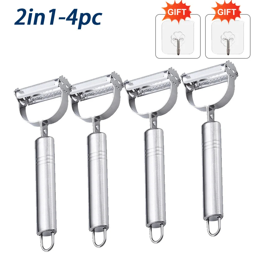 Set of 4 metal vegetable peelers with 2 additional hooks as a gift on a white background