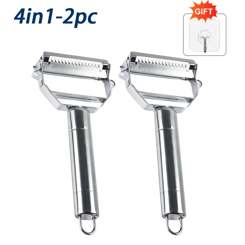 Two silver kitchen peelers with a hook on a white background, labeled '4in1-2pc' and 'GIFT'.