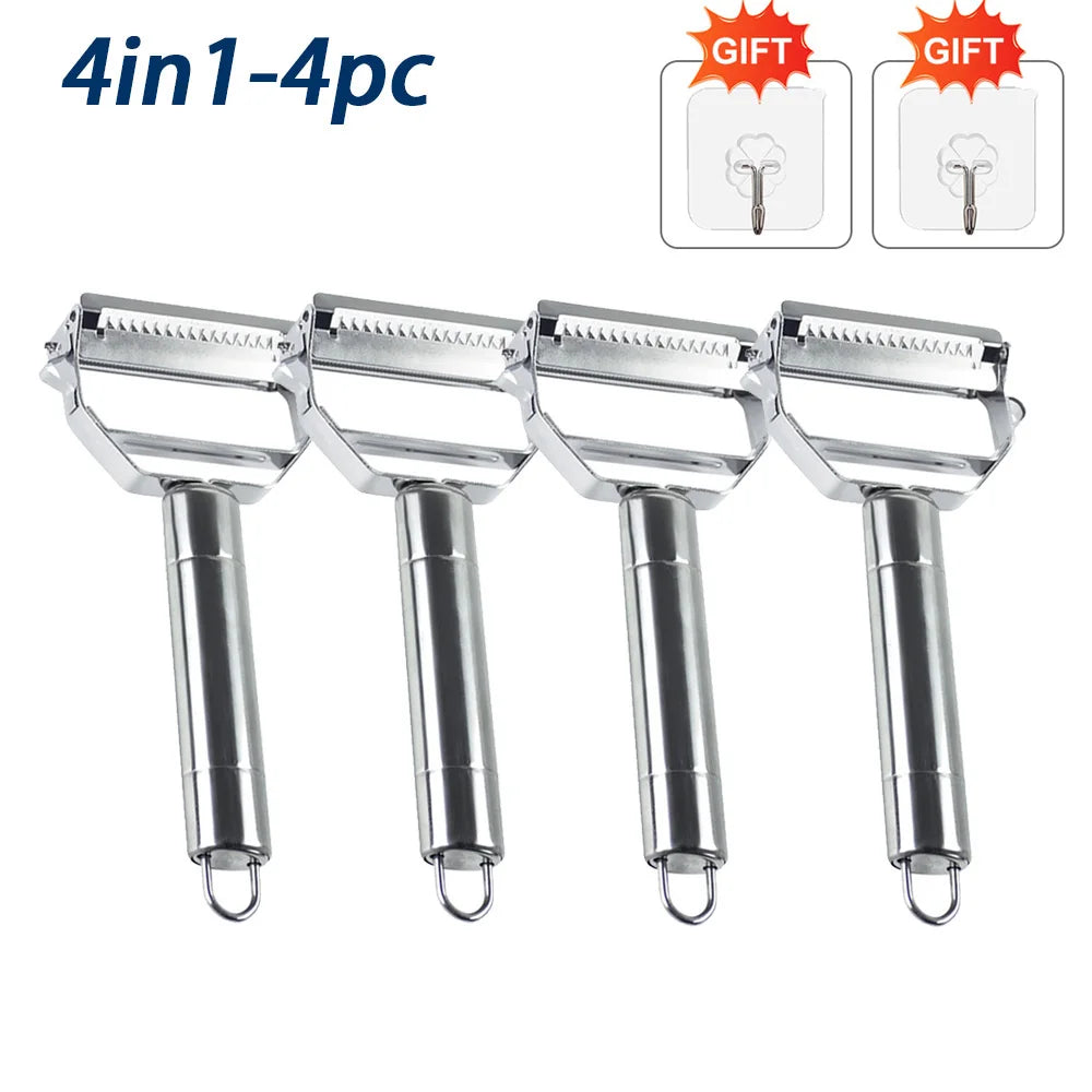 Set of four metal kitchen vegetable peeler tools with two additional hooks labeled as gifts on a white background.