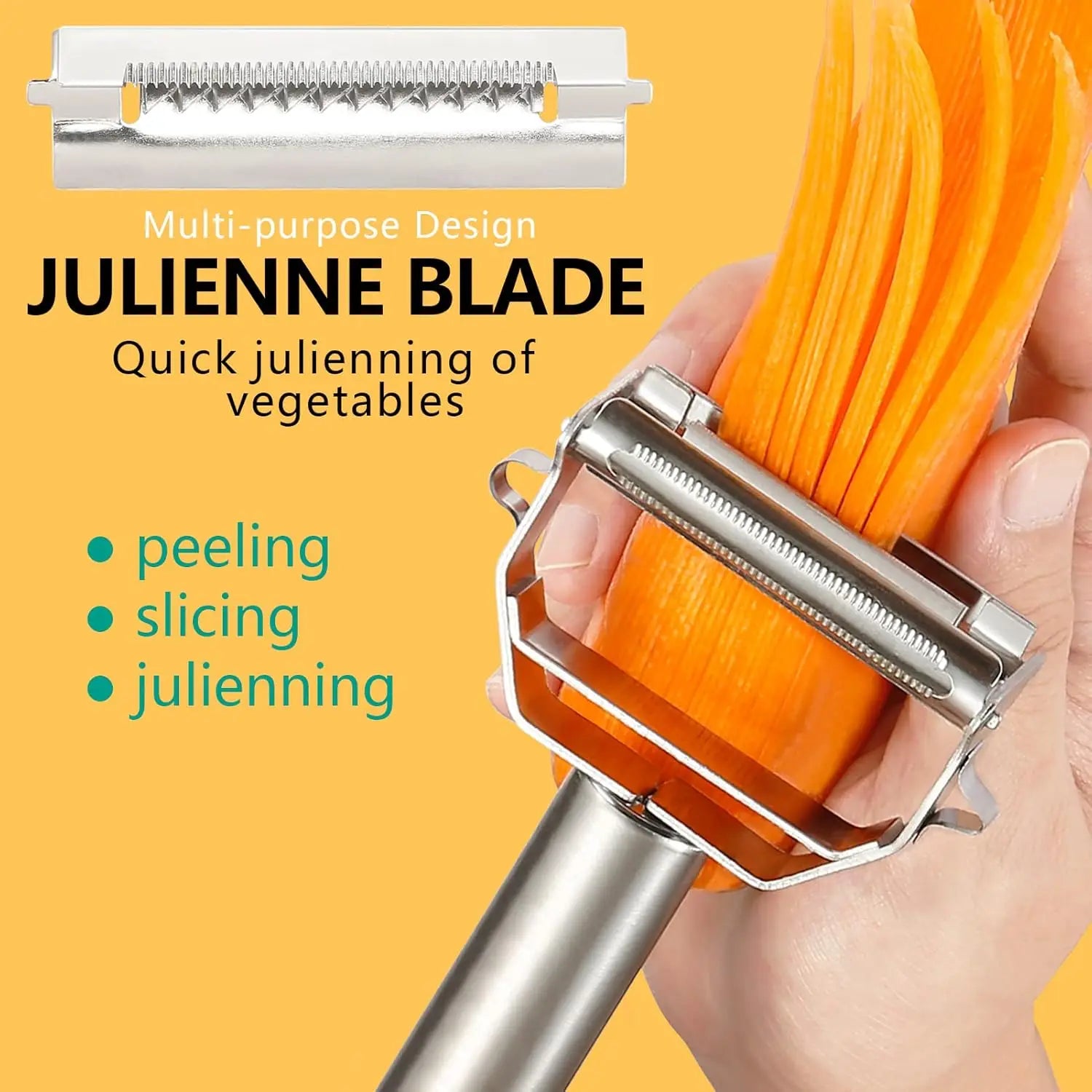 Julienne blade with carrots on a yellow background