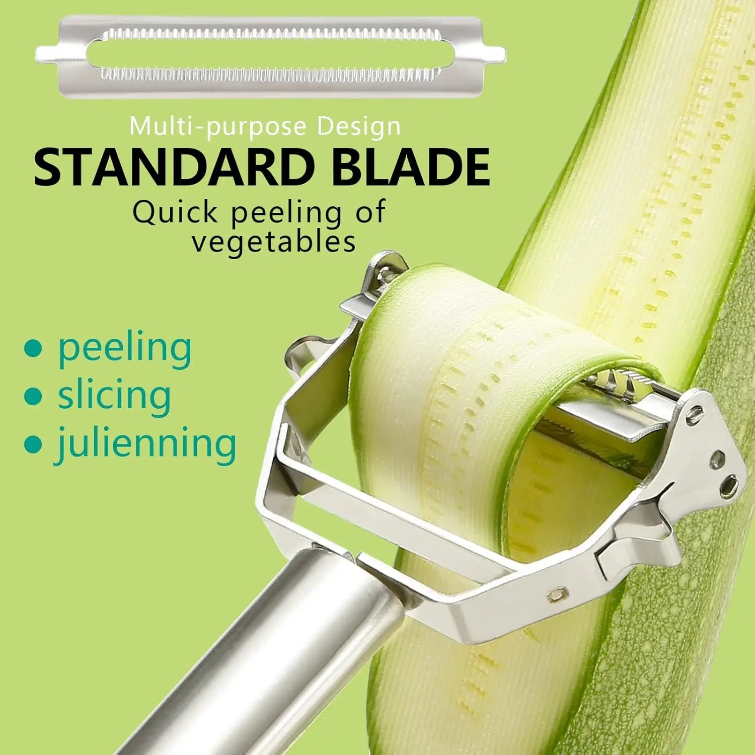 Vegetable kitchen peeler with a banana being peeled, on a green background with text about its features.