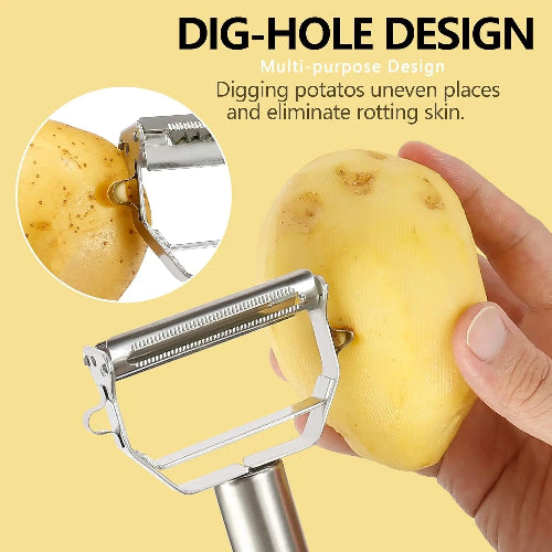 Potato peeler with dig-hole design being used on a potato 