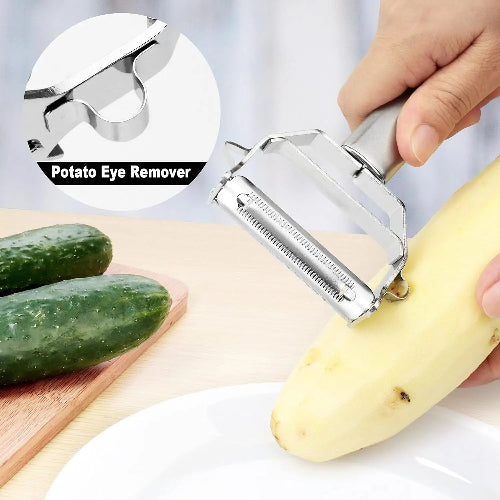 Potato eye remover kitchen knife peeler tool being used on a potato with cucumbers 