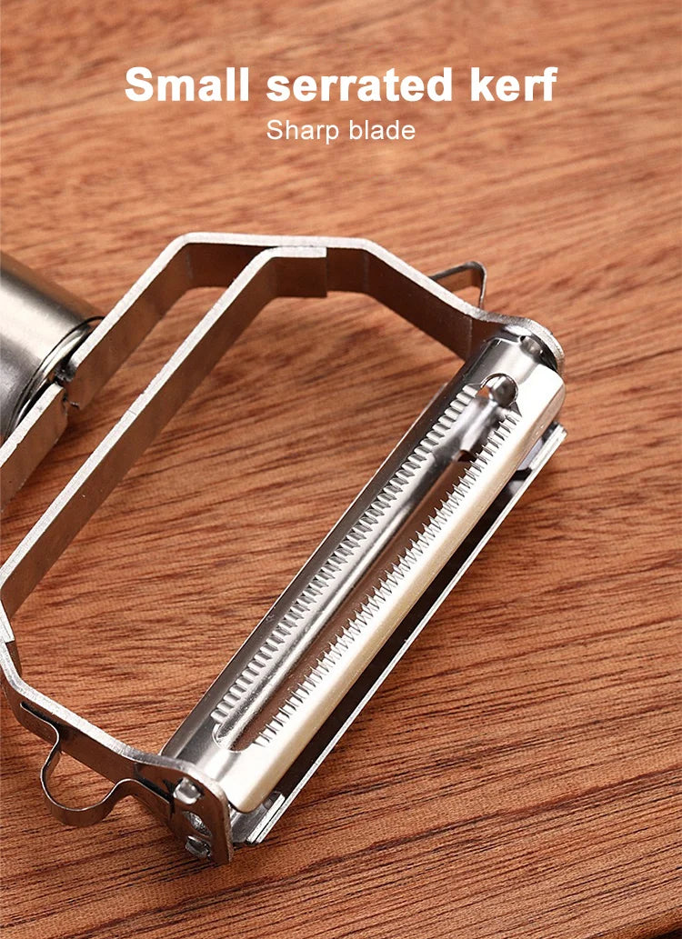 Metal peeler on a wooden surface with text 'Small serrated kerf' and 'Sharp blade'.