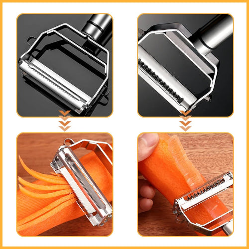 Collage of a fruit or vegetable peeler with close-up shots and usage on carrots.