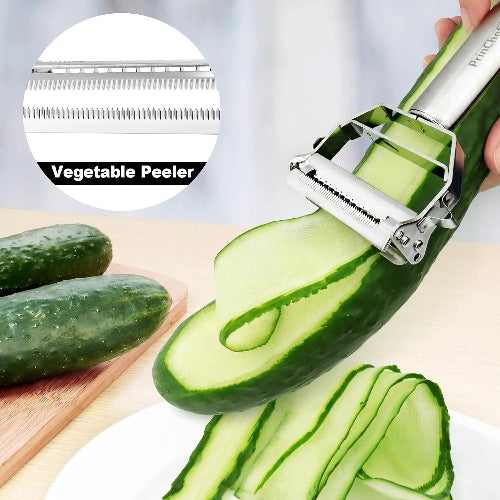 Vegetable peeler tool being used to slice a cucumber in the kitchen