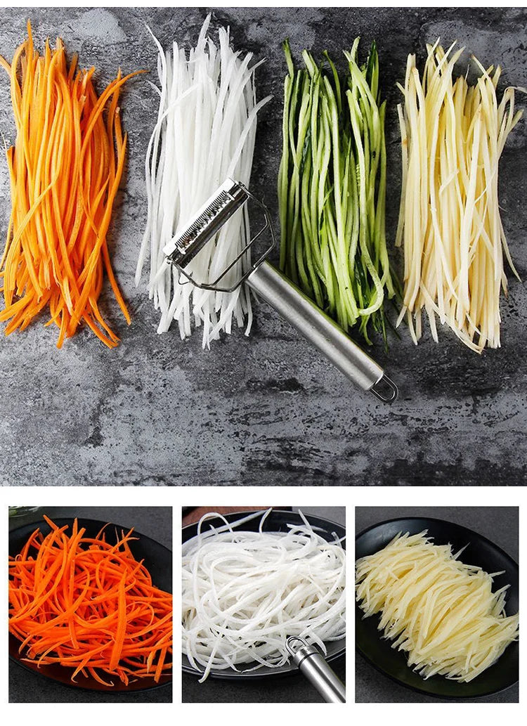 Vegetable shreds and a vegetable peeler on a dark surface with additional images of shredded vegetables.